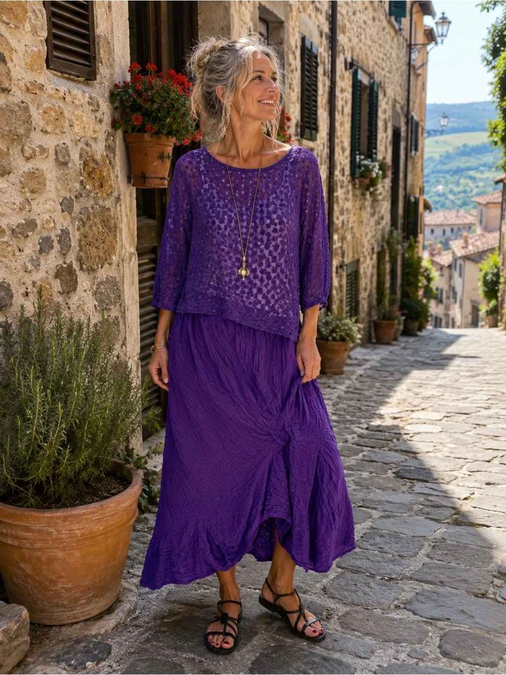 Grizas Purple Crinkle Lagenlook Skirt | Made in Lithuania